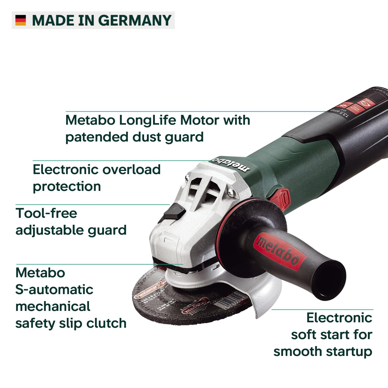 Metabo WEV15-125 HT S-Automatic clutch improves safety during disc jams.
