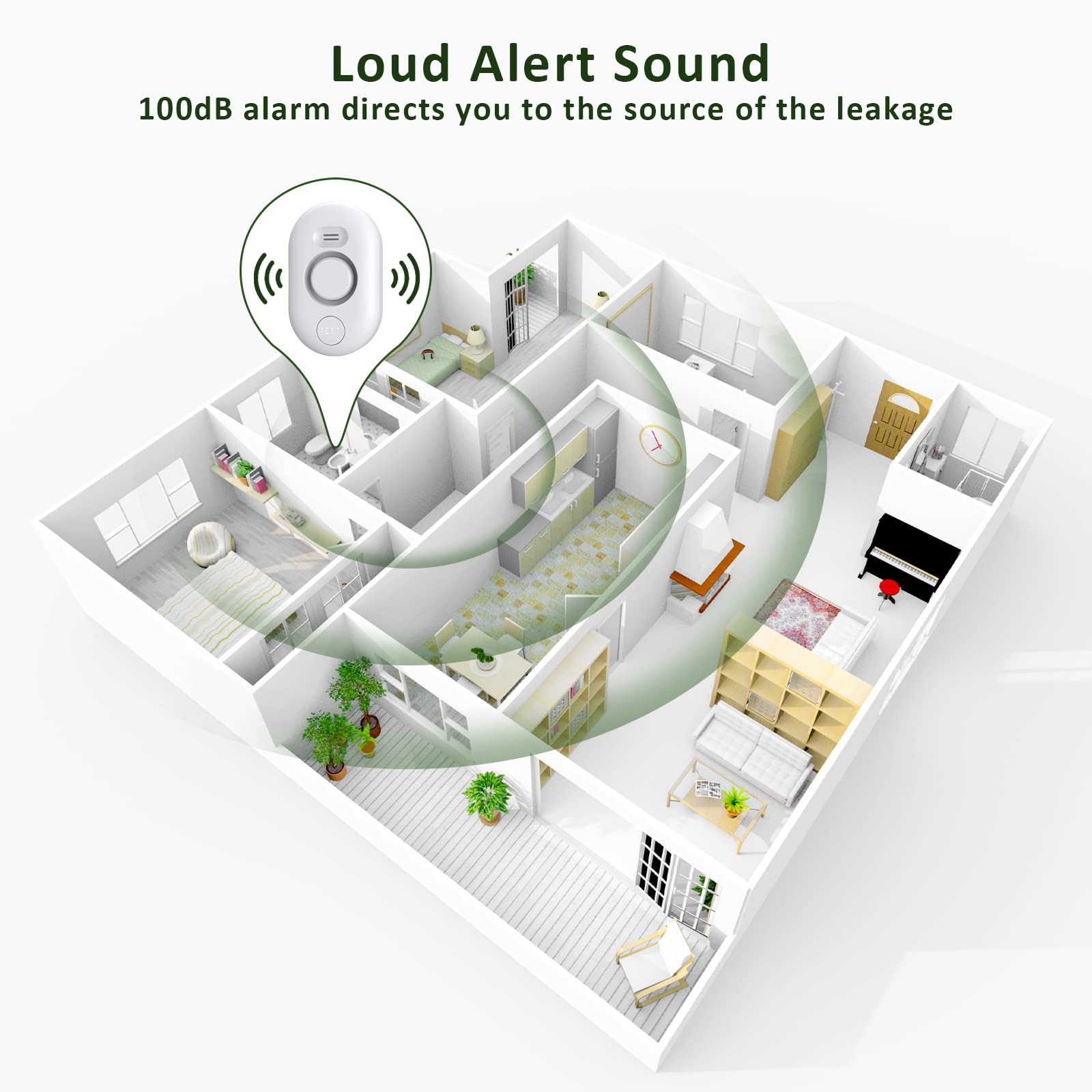 METAK Water Leak Detector IP66 shell withstands humidity and splashes in damp spaces.