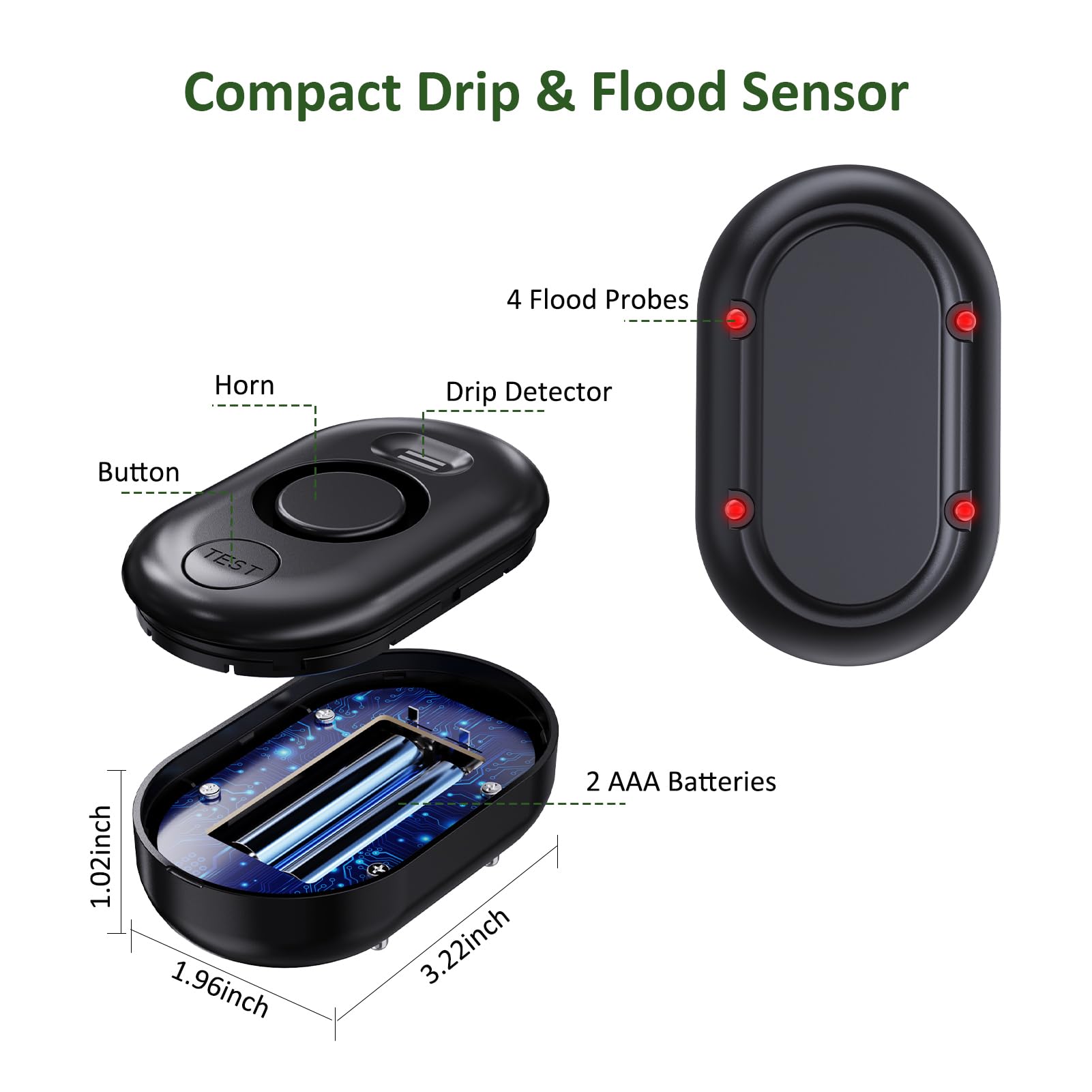 METAK WD60 back view shows battery compartment and easy-access test button.