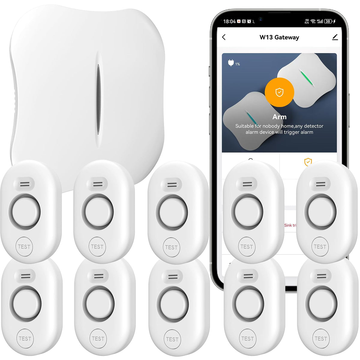 METAK gateway with WD61 sensors showing real-time alerts setup in app