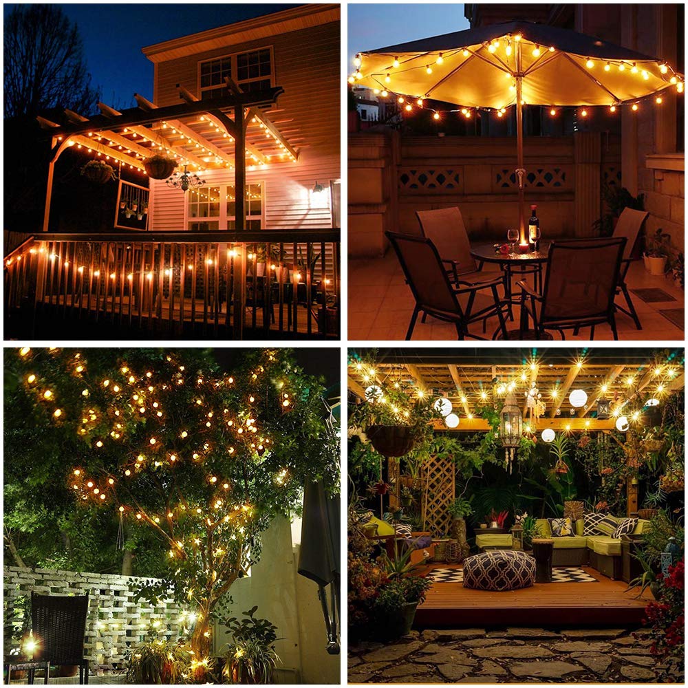 Metaku Globe String Lights patio decor at twilight
