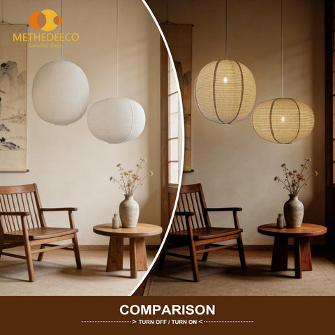 METHEDEECO burlap pendant flatround 16in living room scene illustrates versatile decor options