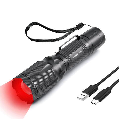 METII red flashlight front view shows a compact rechargeable design for night observations.