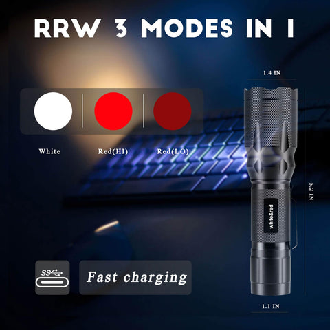 METII red flashlight side view highlights versatile 3-mode operation for astronomy and aviation.