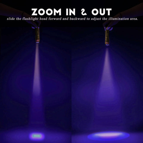 METII UV flashlight inspects uranium glass under bright 395nm glow.
