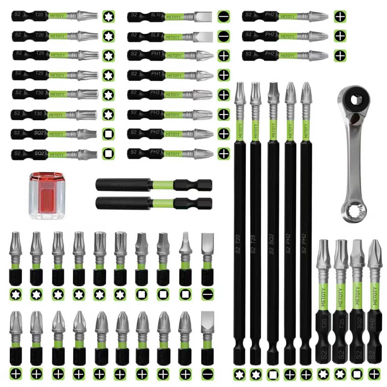 METOTY 52PCS impact bit set with magnetized tips for secure screw driving