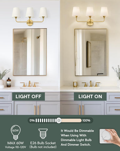 METWET VL837-BG-B-3 three-light vanity arrangement enhances mirror area.