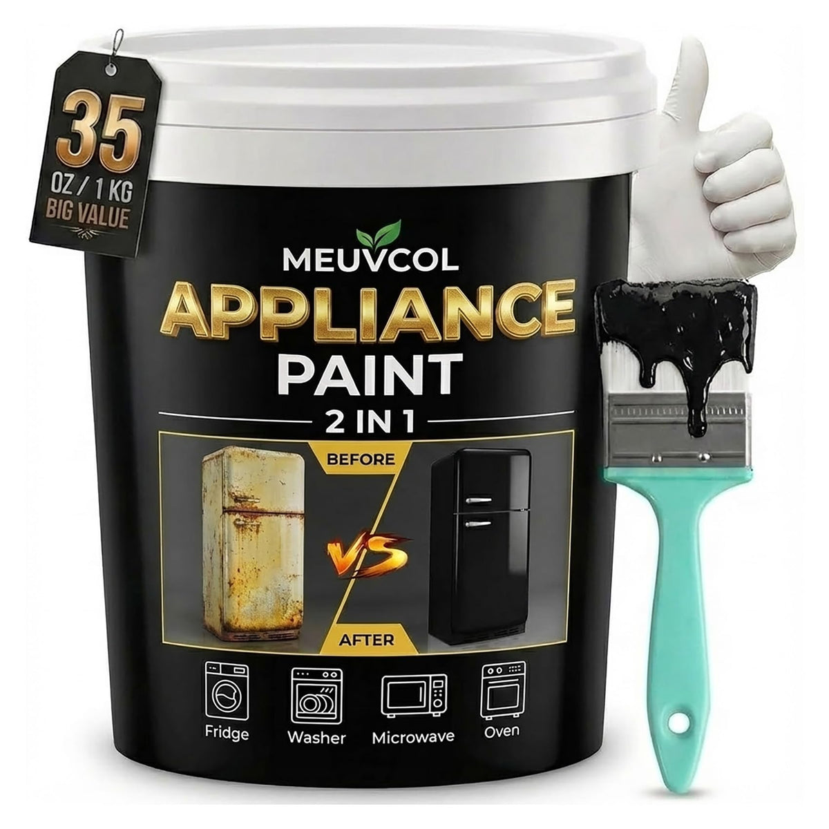 Meuvcol 35oz black appliance paint can for metal and plastic, ideal for touch ups.