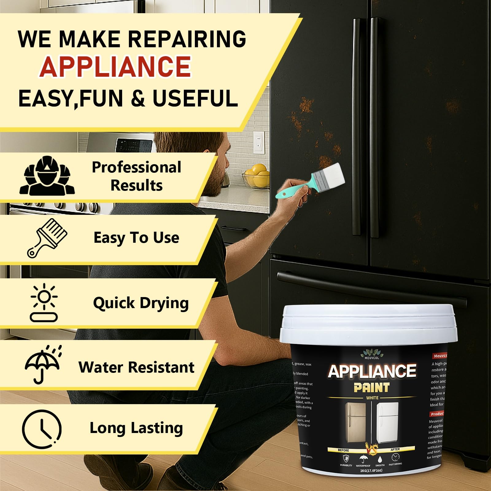 Meuvcol black epoxy finish delivers a smooth, matte look.