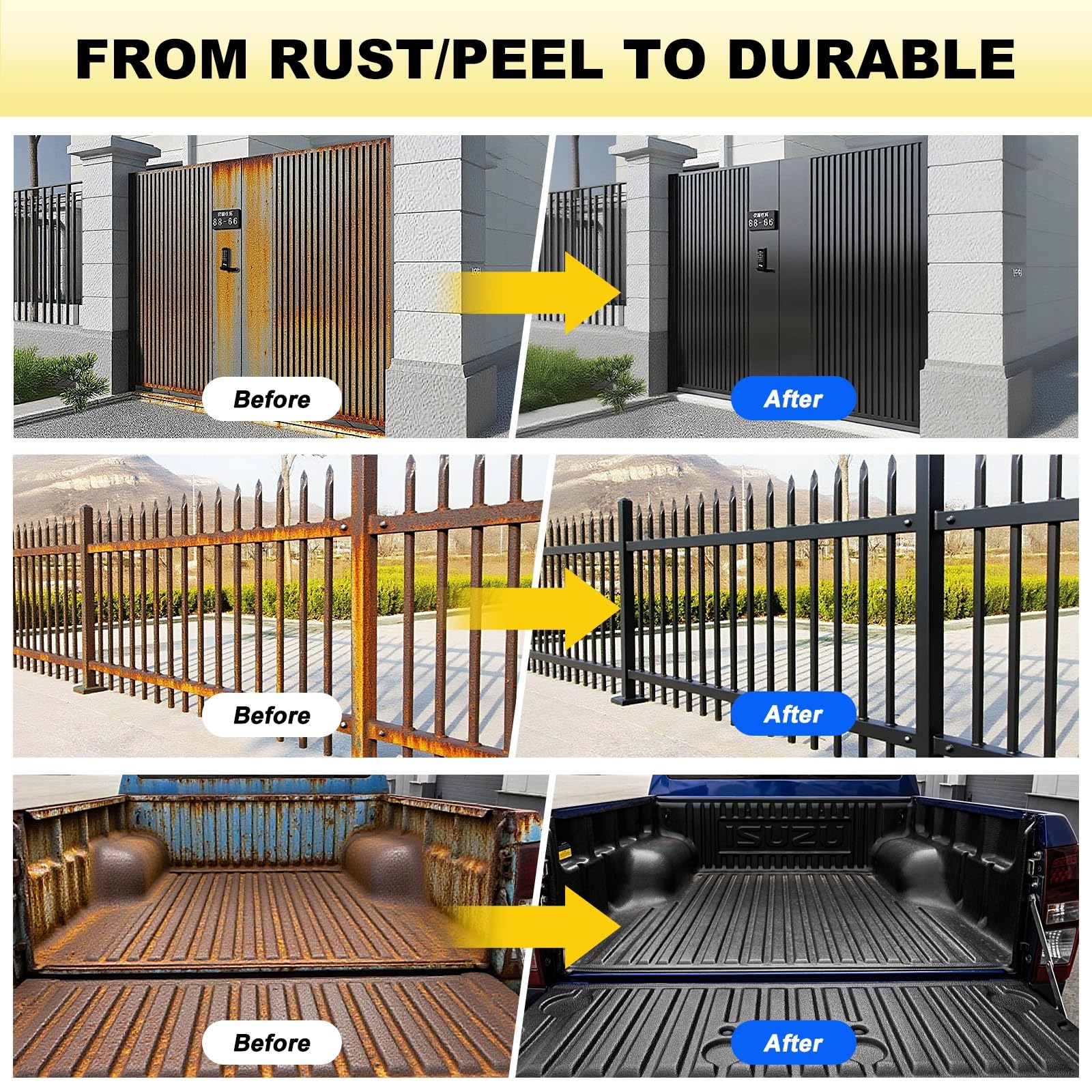 Meuvcol Metal Paint quick-dry formula shown on metal railing.