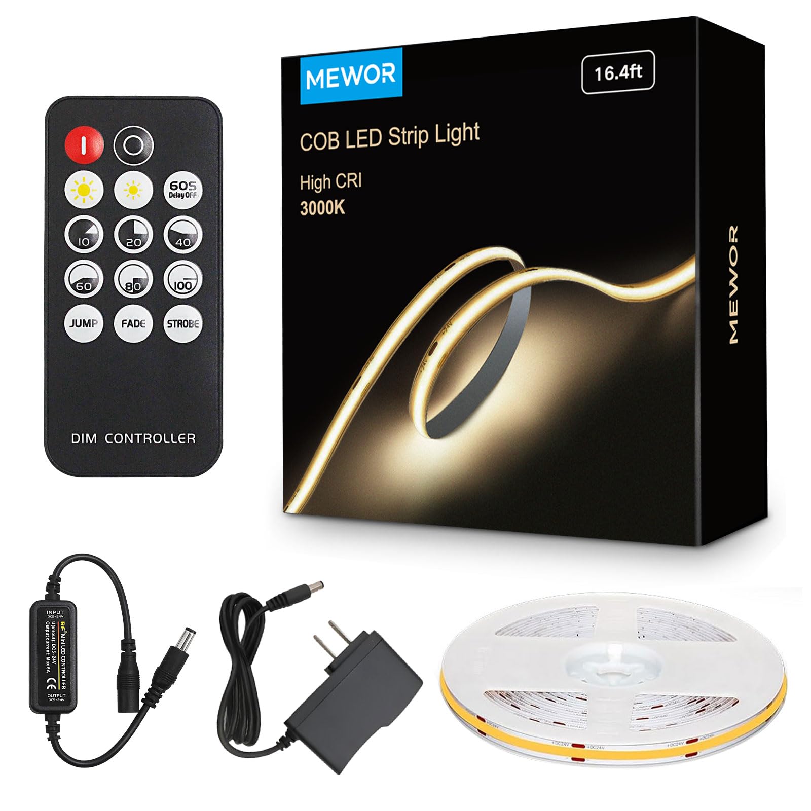MEWOR COB LED strip with remote for precise brightness control and ambient lighting