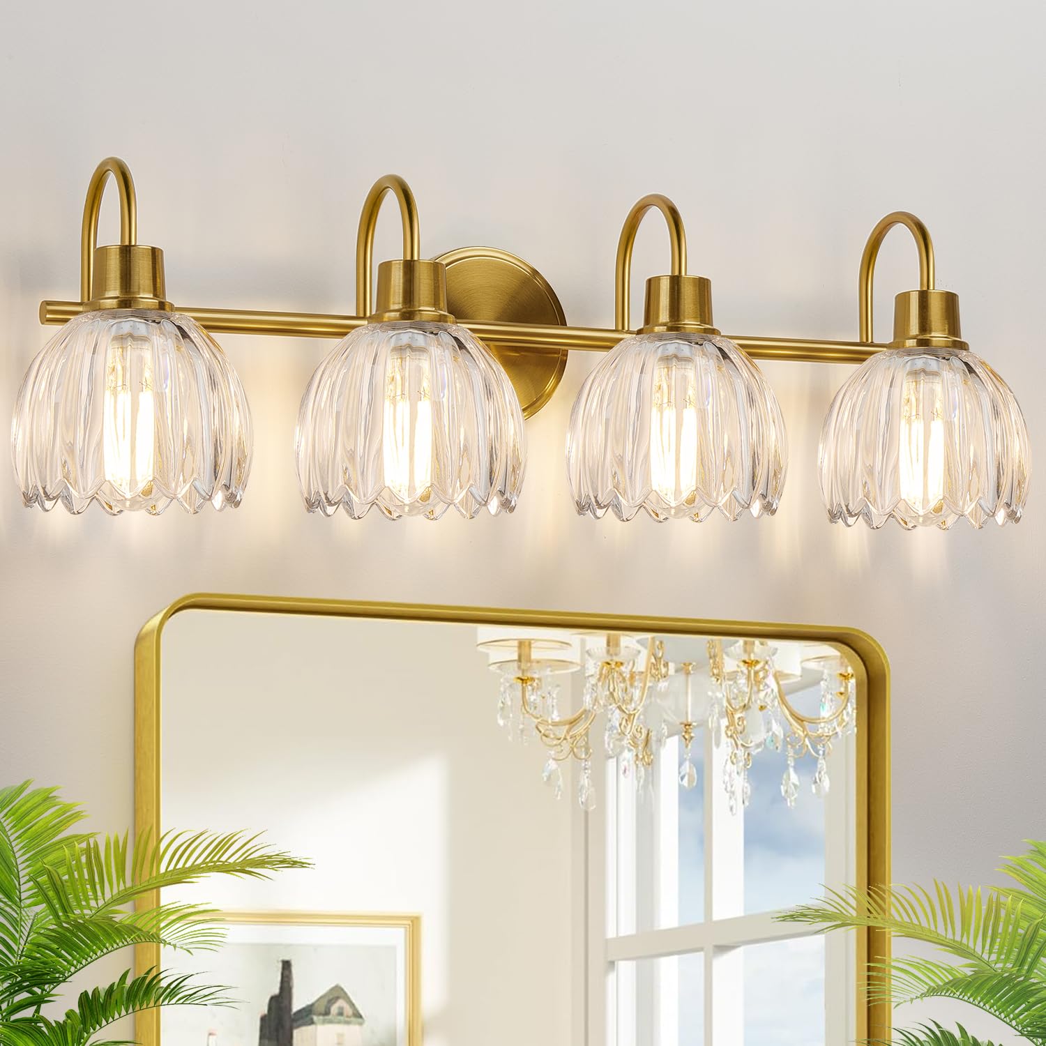 Meybiok 27-inch four-light vanity fixture in brushed gold above a bathroom mirror.