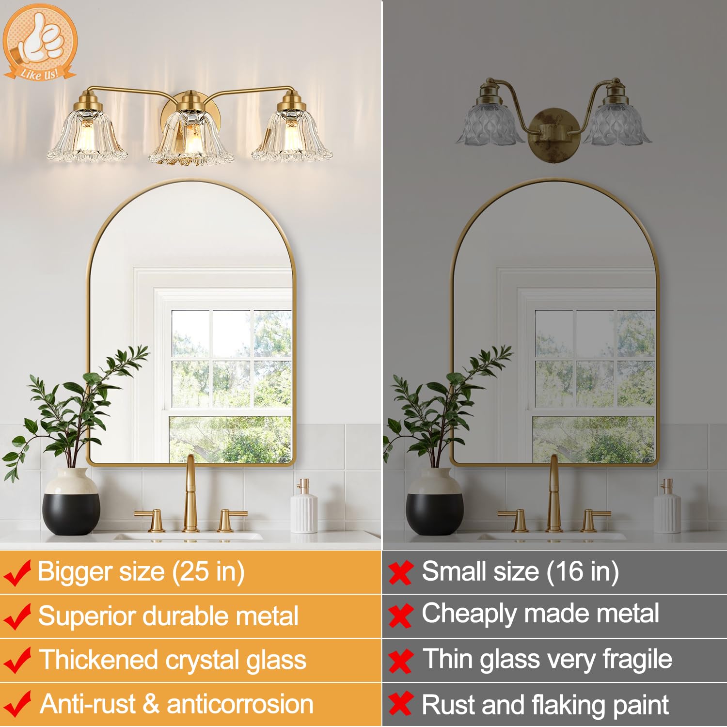 Meybiok brushed gold vanity light features a curved arm for classic elegance.