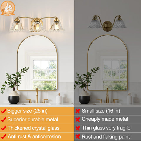 Meybiok brushed gold vanity light features a curved arm for classic elegance.