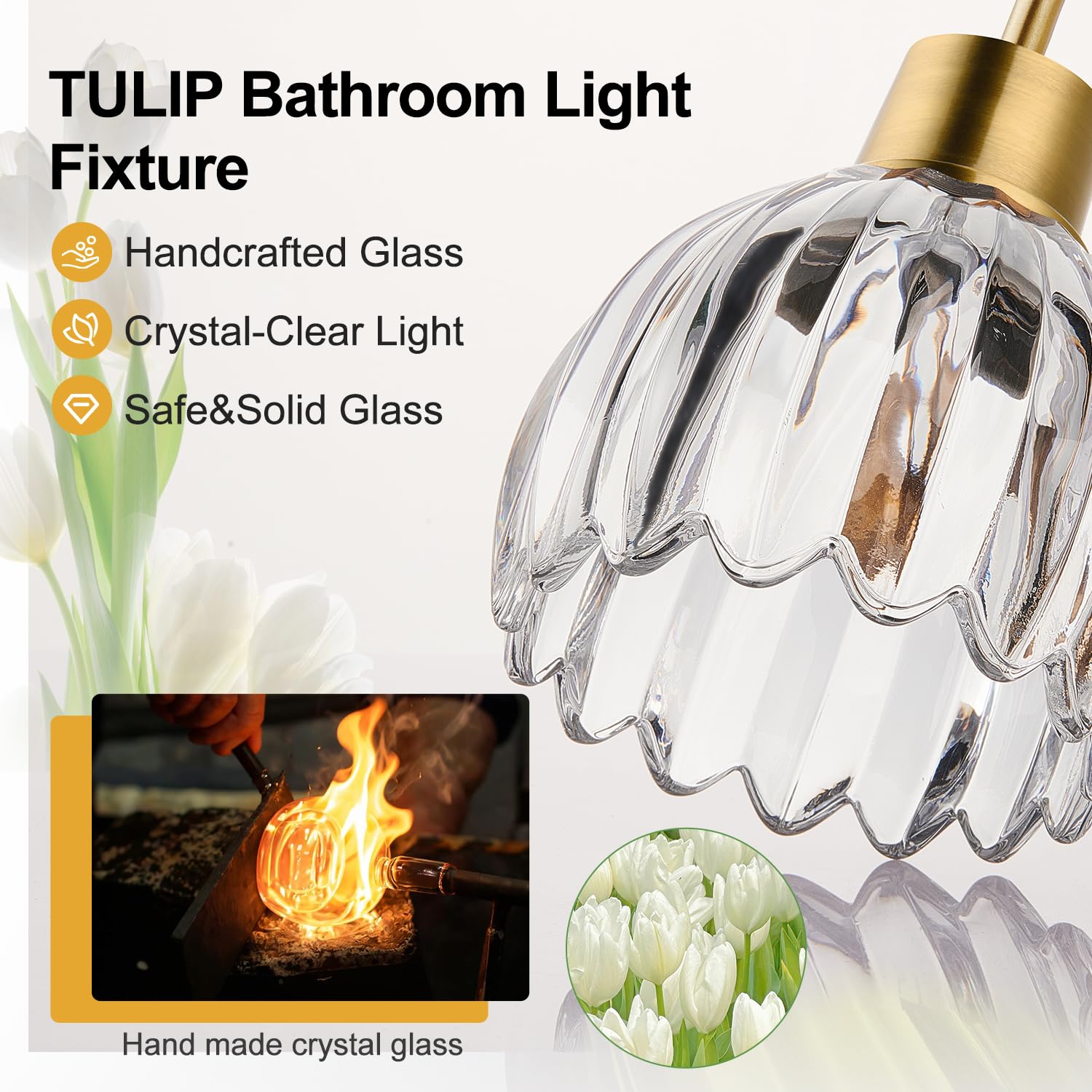 Meybiok clear ribbed tulip glass shade softens lighting in bath spaces
