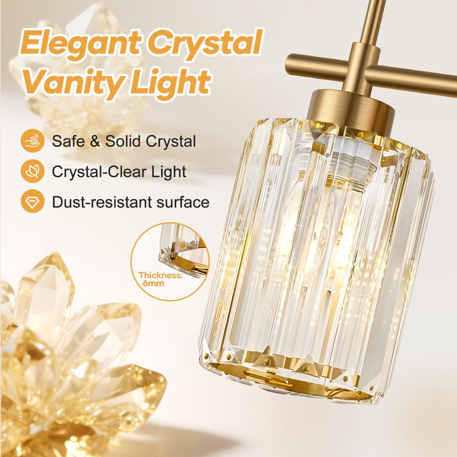 Meybiok dimmable vanity light with crystal shades for adjustable mood lighting