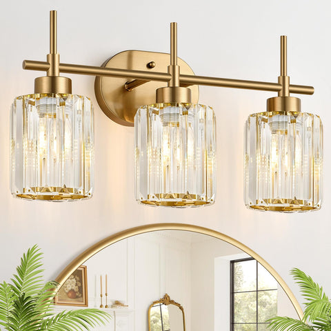Meybiok modern crystal vanity light with 3 lights and brushed gold finish for luxe bathroom illumination