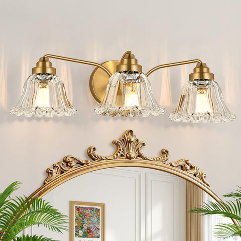 Meybiok vintage vanity light with crystal flower shades enhances bathroom ambiance.