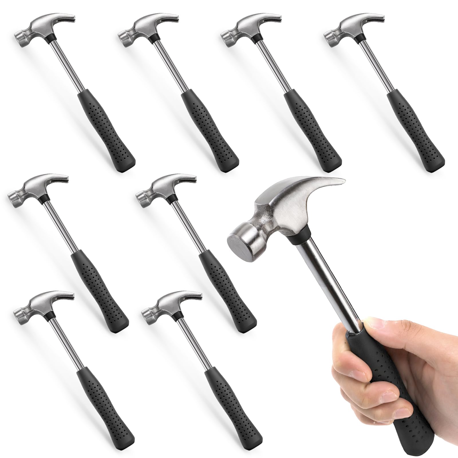Mezchi eight-pack small claw hammers with ergonomic handle for precision nail work.