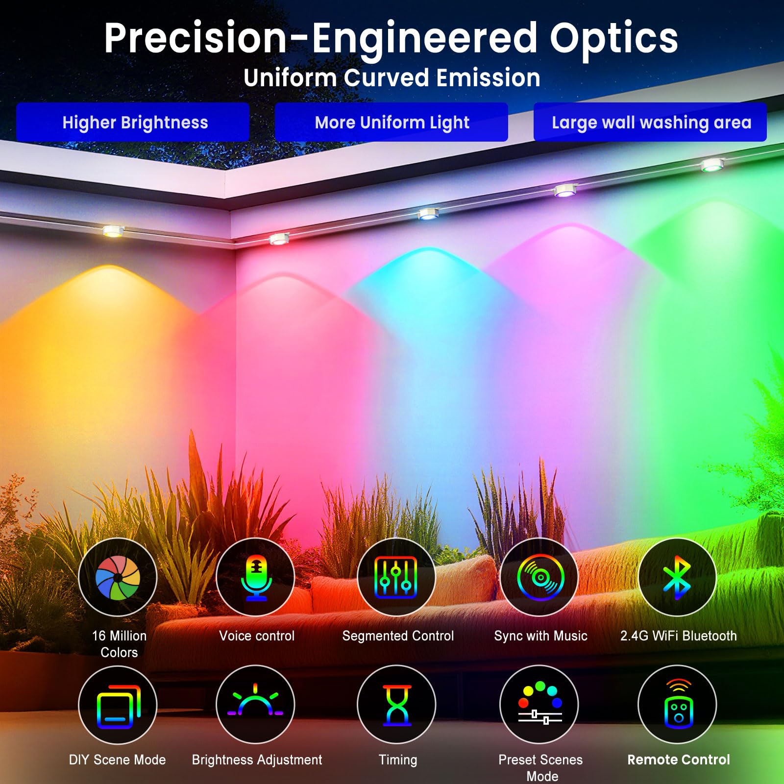 MFROO 96 RGBIC LEDs provide wall-washing effects for even outdoor illumination.