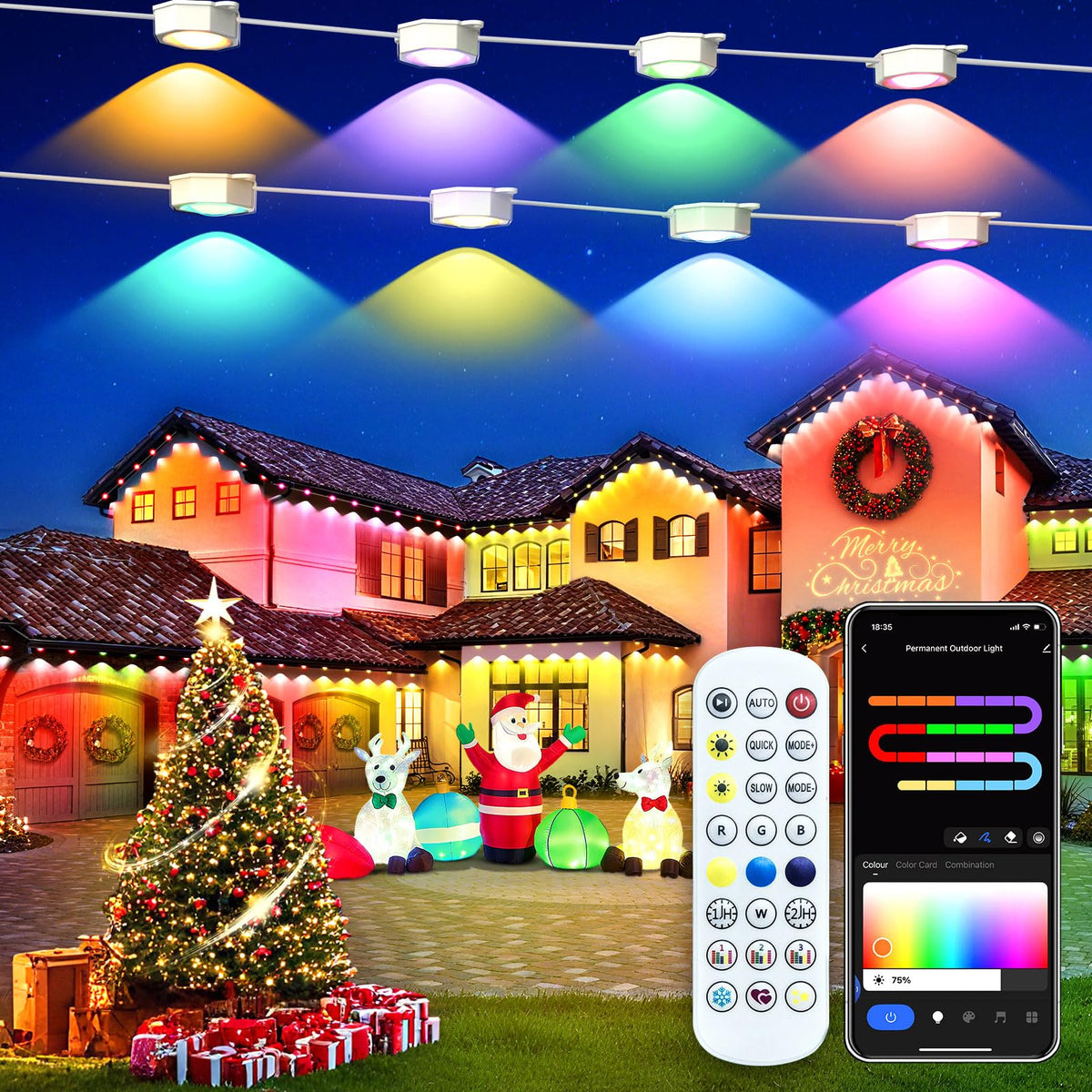 MFROO smart permanent outdoor lights illuminate the house facade with vibrant color options.