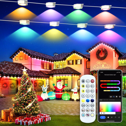 MFROO smart permanent outdoor lights illuminate the house facade with vibrant color options.