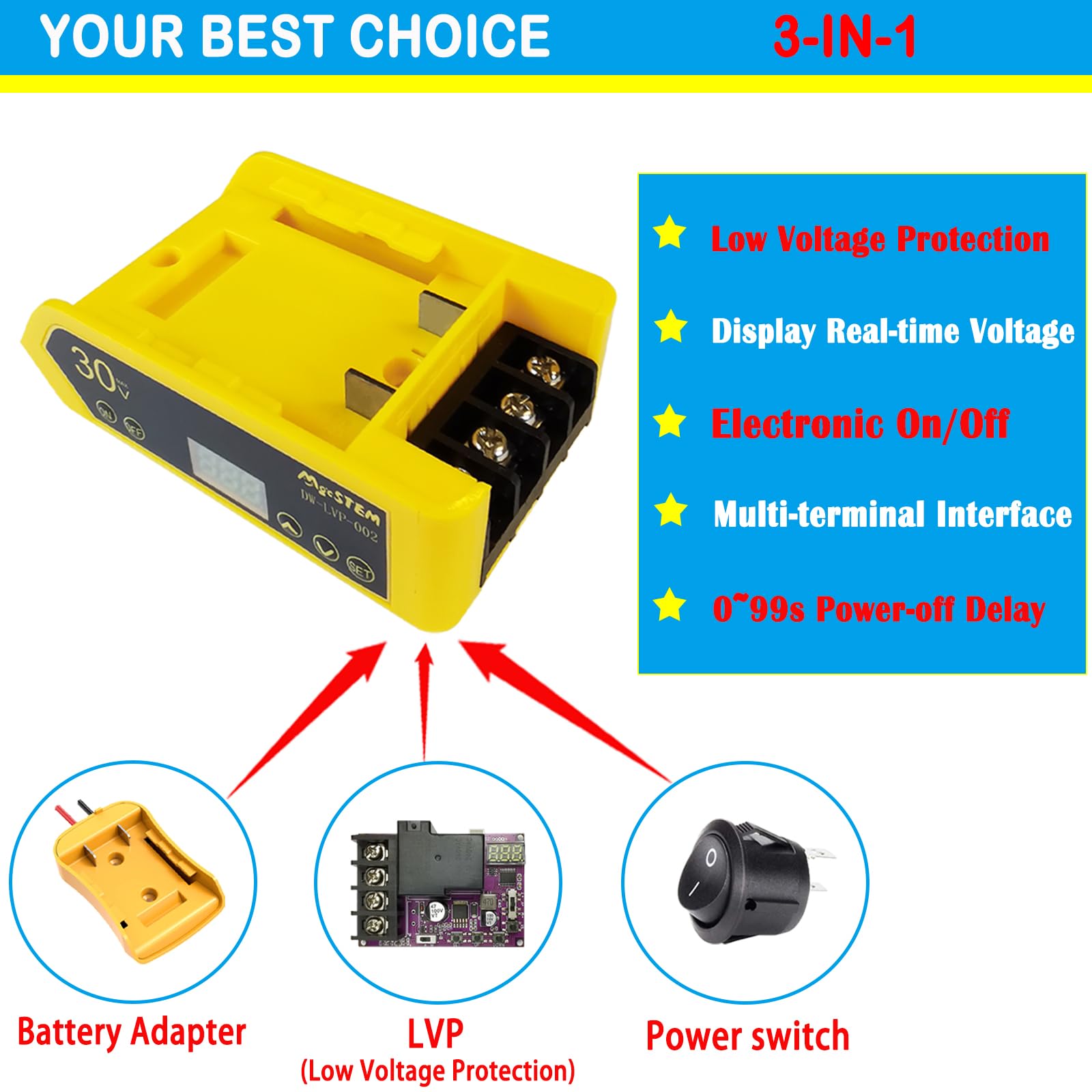 MgcSTEM Dewalt 20V compatibility: adapter connected to a Dewalt battery for versatile projects.