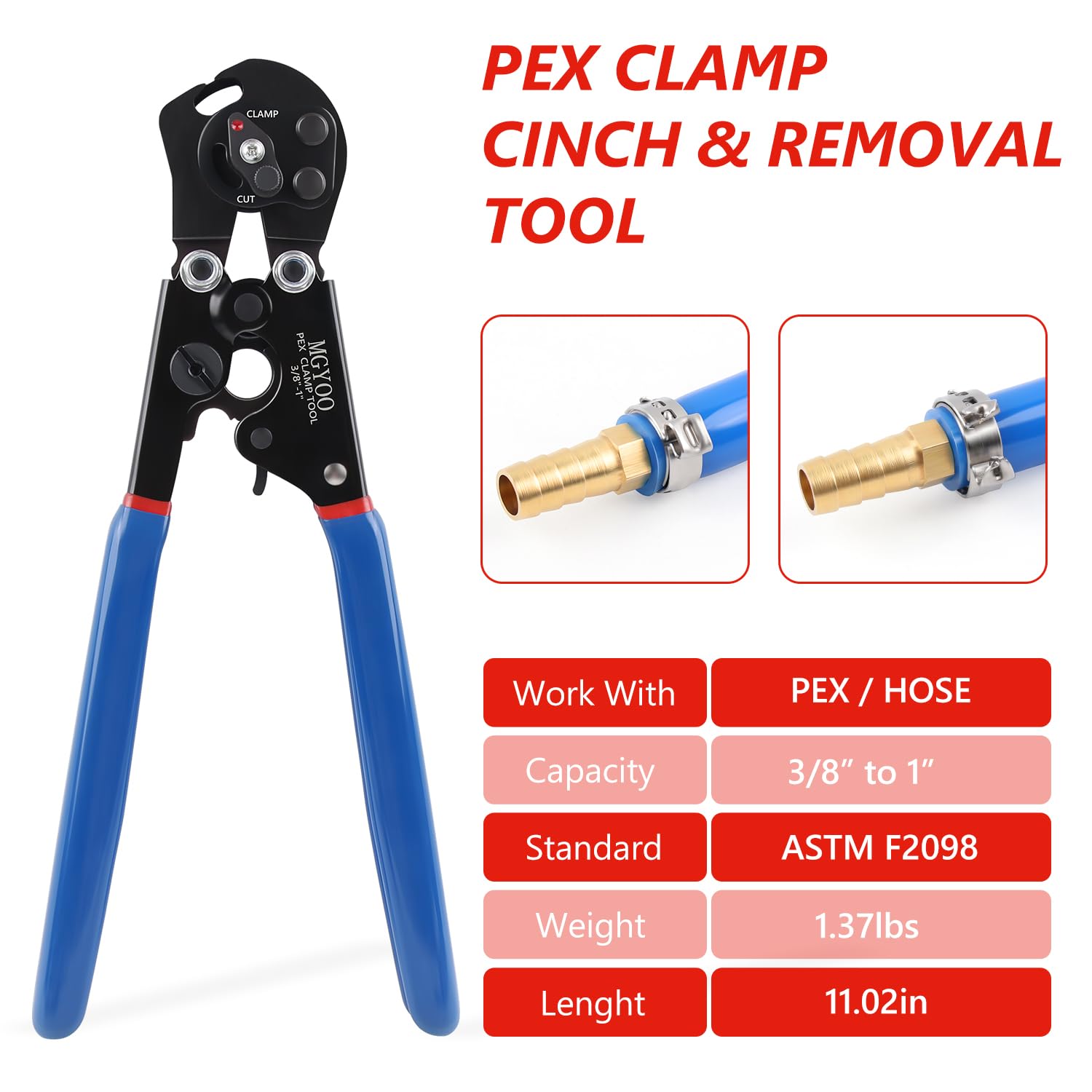 MGYOO Dual-function PEX Crimp Tool in use on cinch clamps