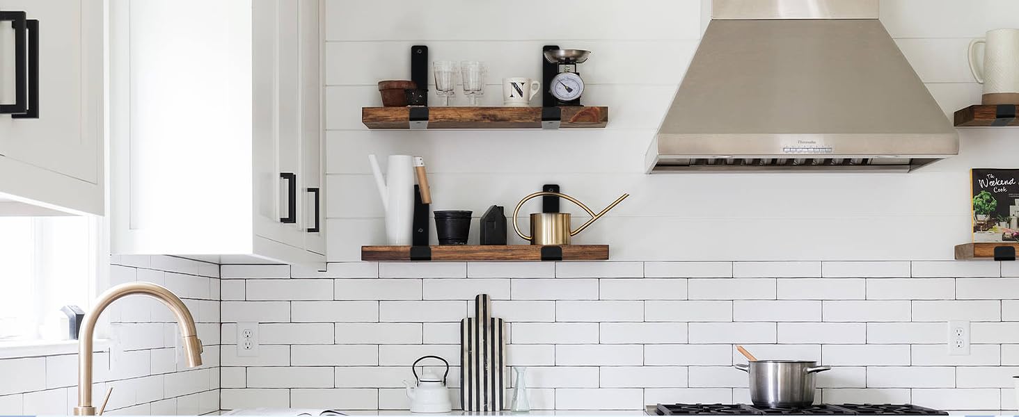 MHMYDZ kitchen shelving setup using black brackets and screws.
