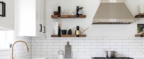 MHMYDZ kitchen shelving setup using black brackets and screws.