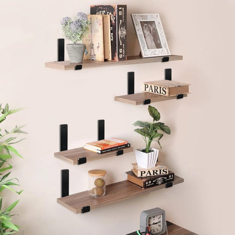 MHMYDZ rustic matte black brackets enhance living room shelves.
