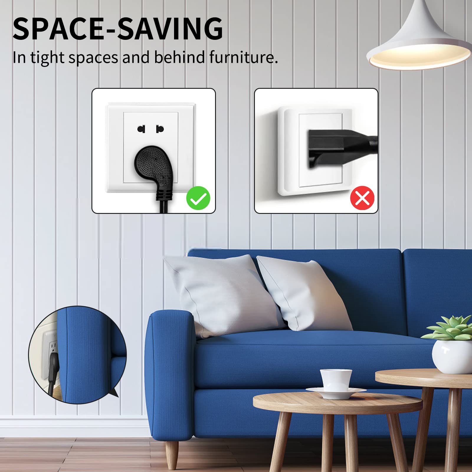 Miady 90-degree flat plug 1ft cord saves wall outlet space.