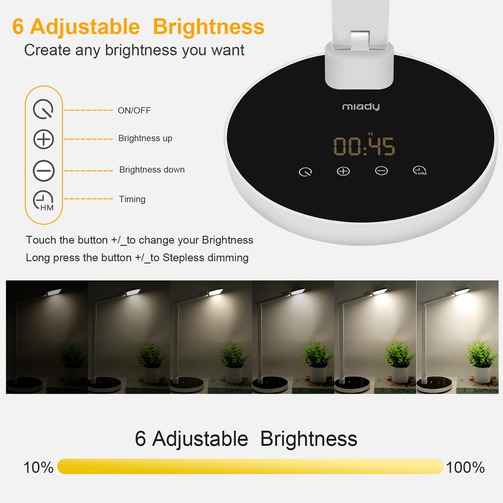 Miady LED desk lamp touch dimmer lets you adjust brightness with a simple tap.