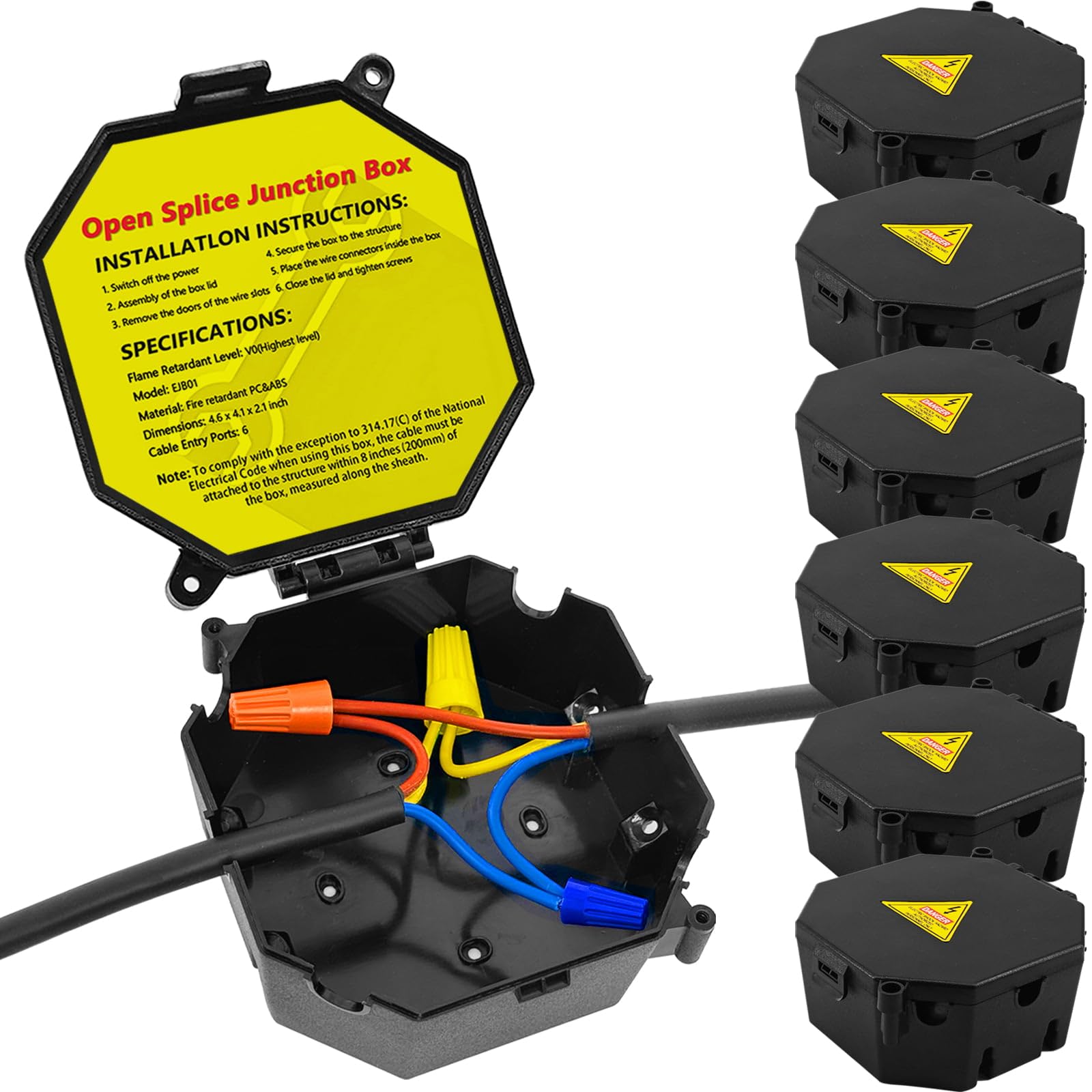MIARALA black open splice box with cover for quick, tool-free wiring access.