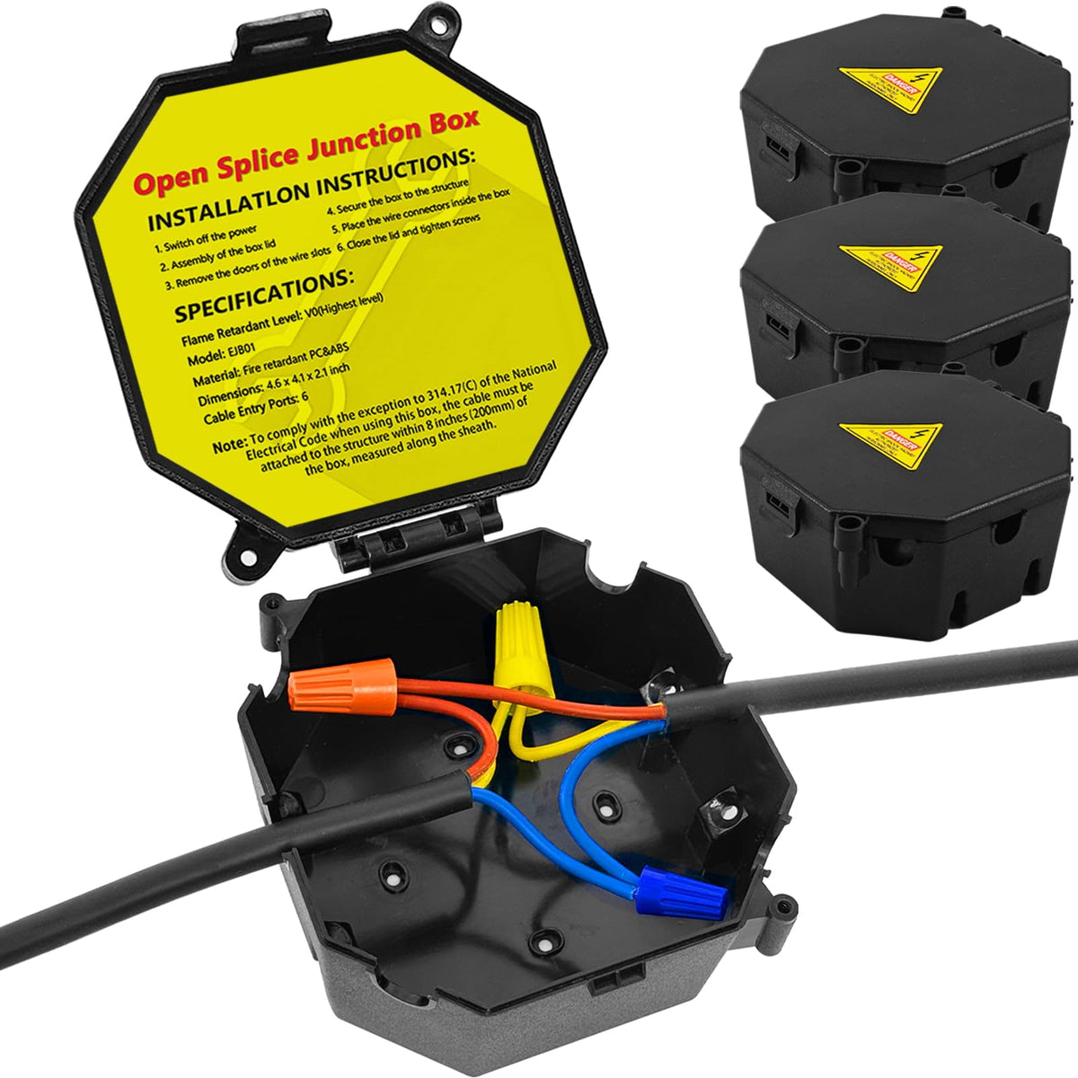 MIARALA black open splice junction box front view showing compact, safety-conscious design
