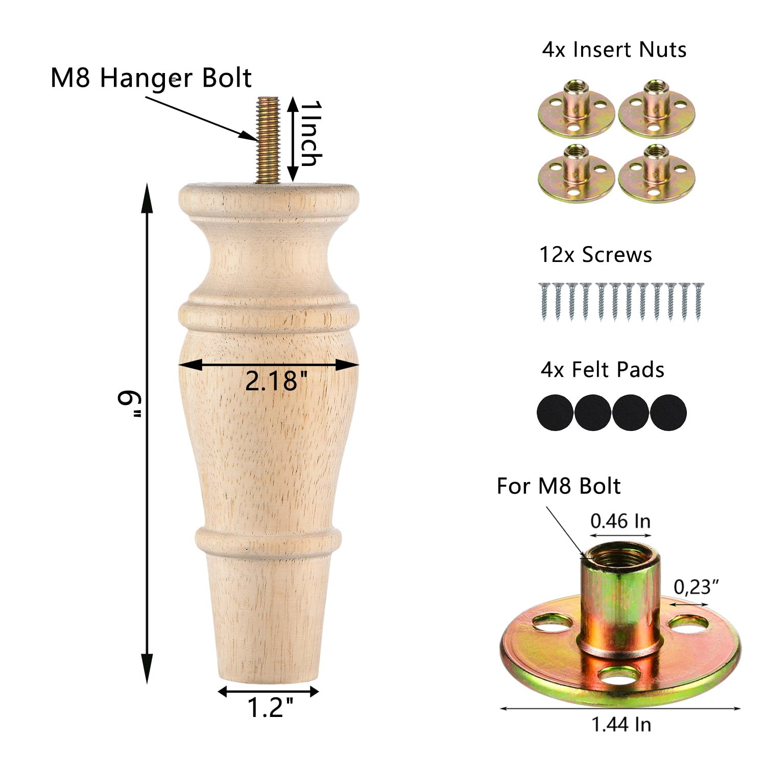 Michanco 6-inch wooden leg with pre-installed hanger bolt for easy setup.