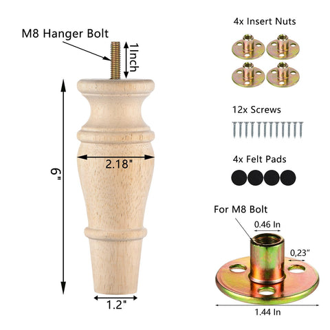 Michanco 6-inch wooden leg with pre-installed hanger bolt for easy setup.