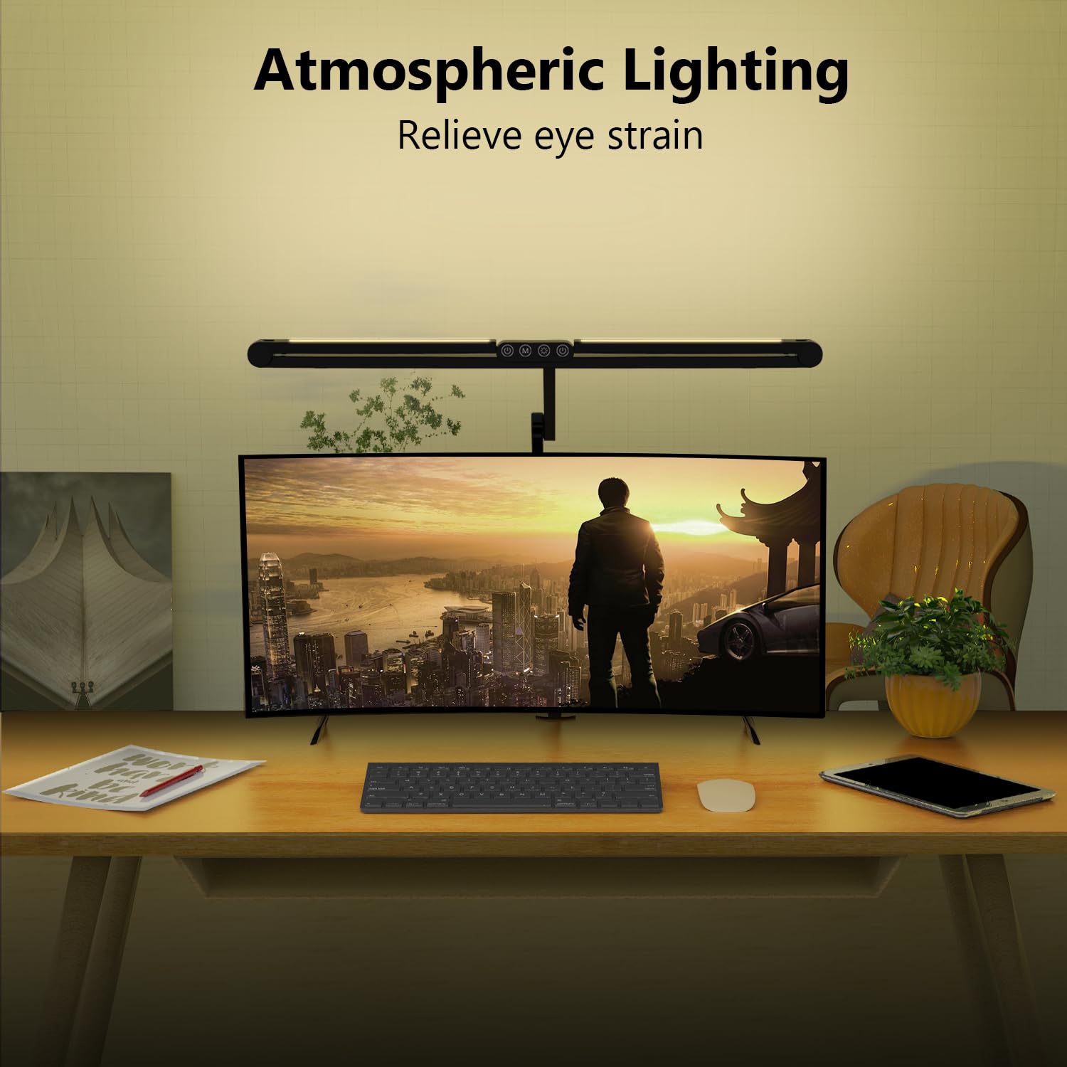 Micomlan ambient light mode provides soft room illumination around the workspace.