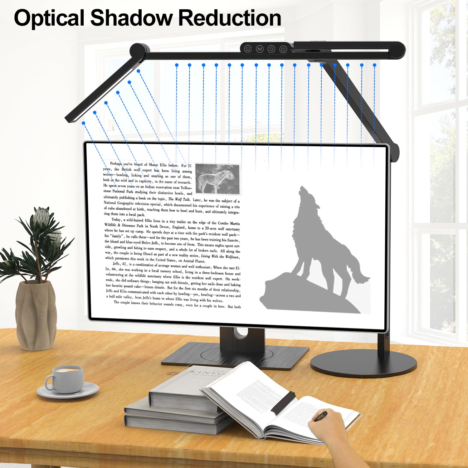 Micomlan Architect Desk Lamp ambient light softens the room glow for comfortable viewing.