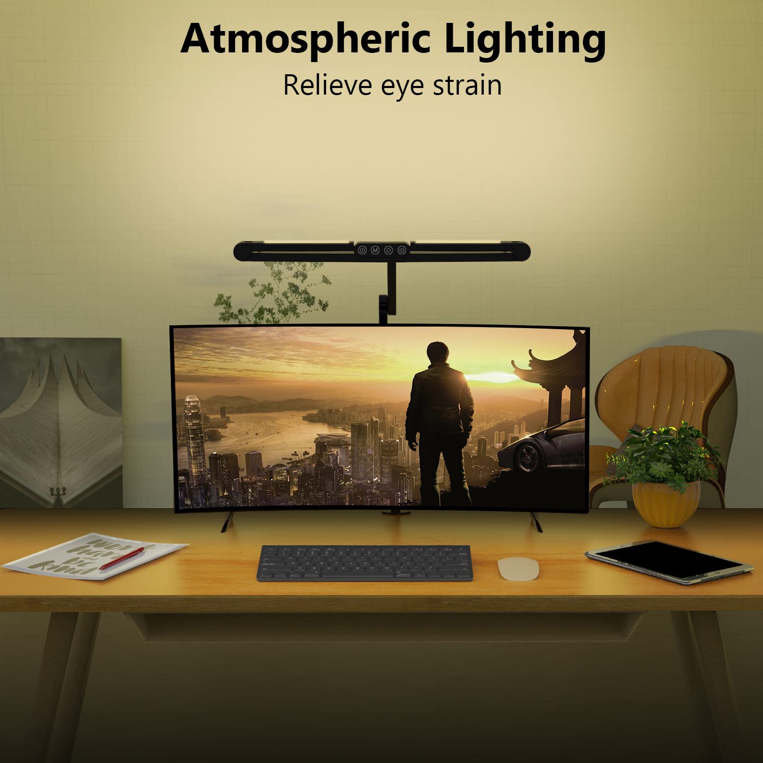 Micomlan desk lamp provides ambient upward lighting to ease low-light eyestrain.
