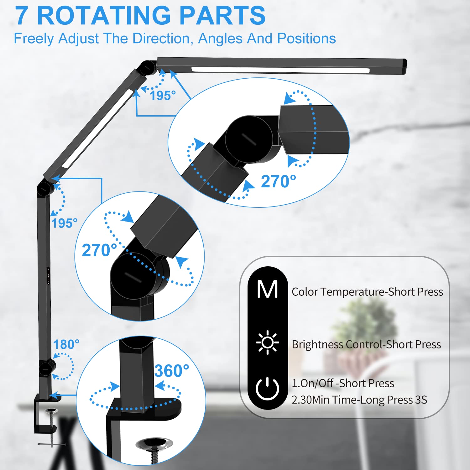 Micomlan desk lamp with 7 rotatable parts enables flexible positioning.