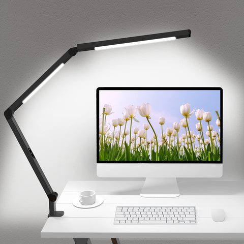 Micomlan LED desk lamp clamp close-up showing secure grip for stable setup.