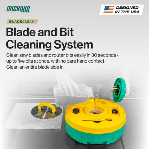 MICROJIG magnetic-handle safely lifts and positions blades during cleaning.