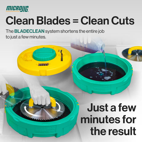 MICROJIG wire-brush helps scrub resin and debris from blades.