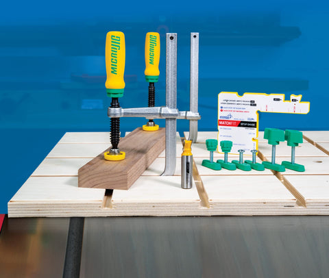 MICROJIG Edge guides and stops mounted for repeatable cuts and reliable workholding.
