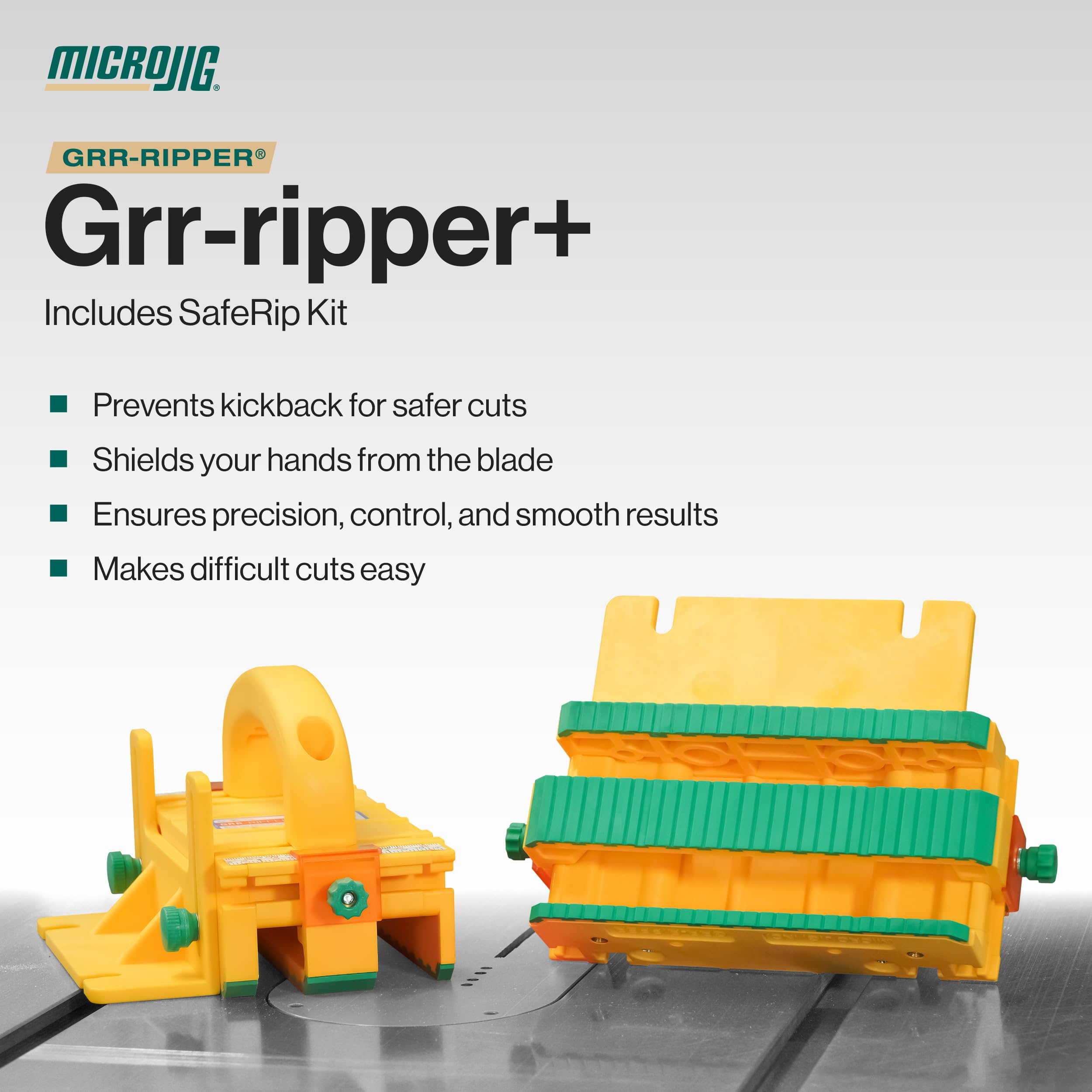 Microjig GRR-RIPPER+ downward pressure helps prevent kickback for safer ripping.