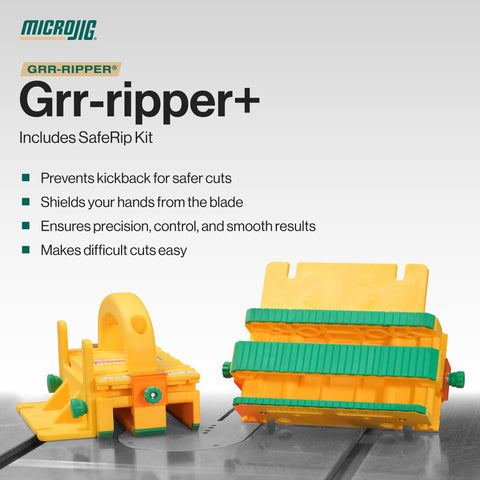 Microjig GRR-RIPPER+ downward pressure helps prevent kickback for safer ripping.