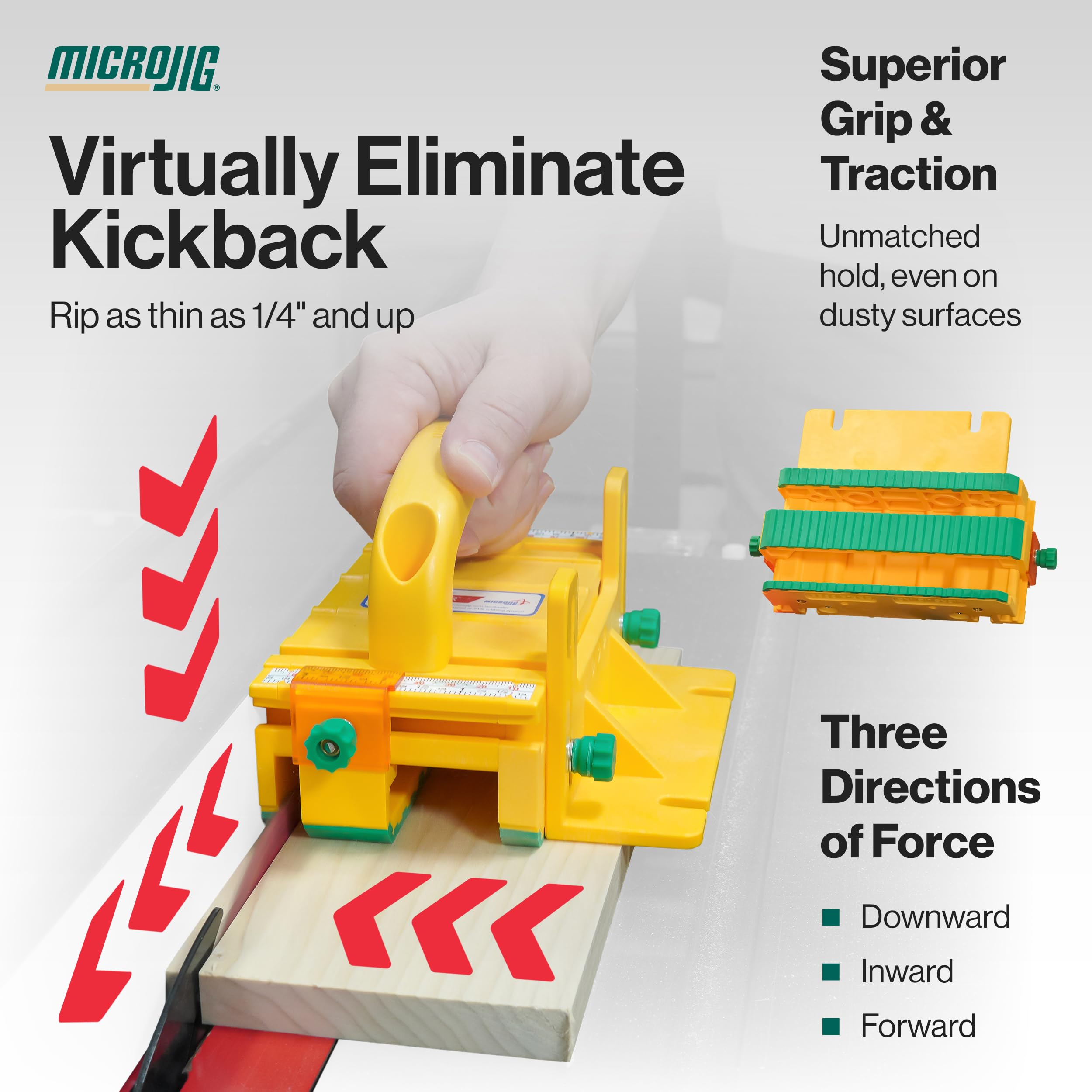 Microjig GRR-RIPPER+ inward pressure keeps stock against the fence for consistent width.
