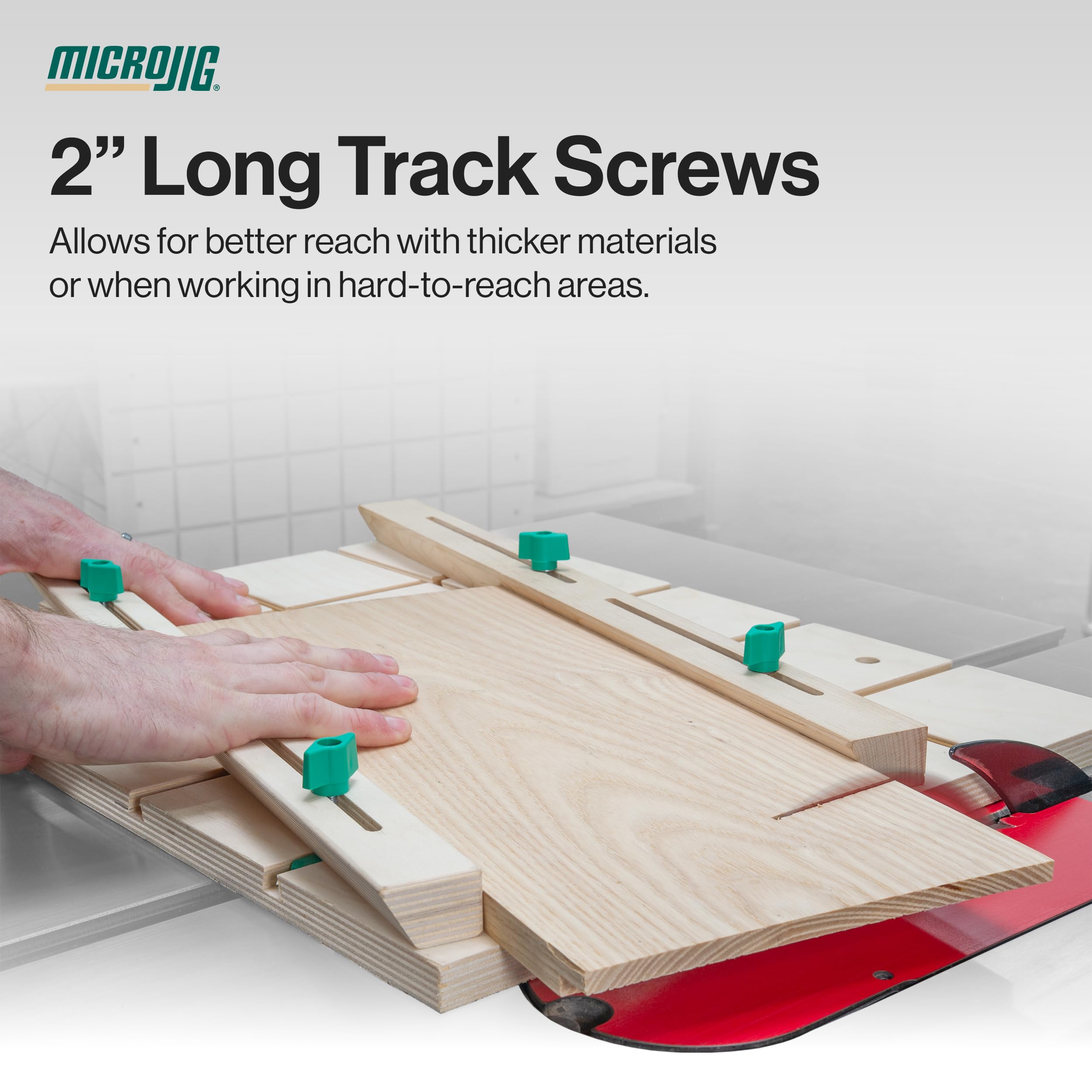 MICROJIG 1in track screws with round knobs suit precise adjustments.