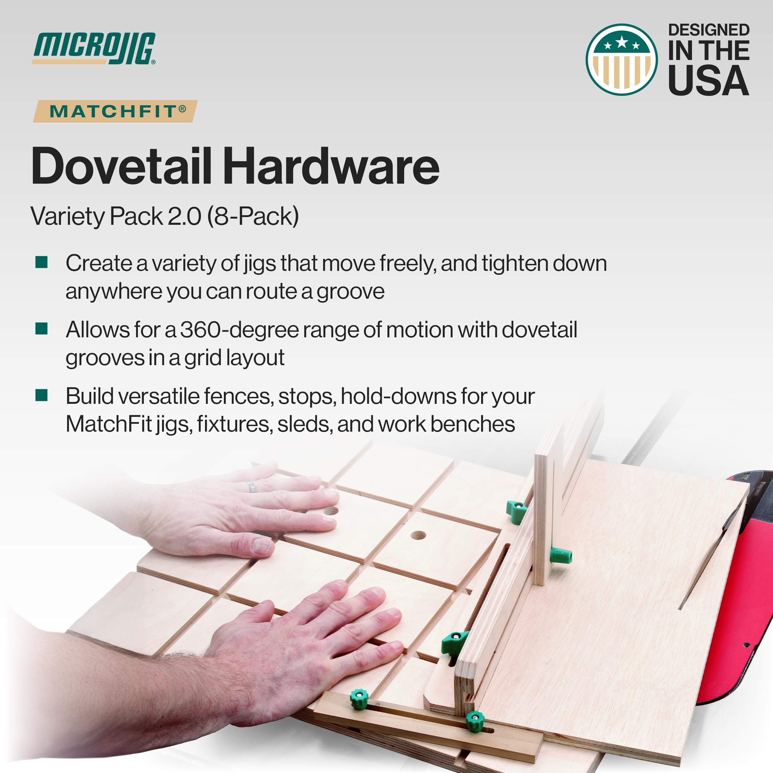 MICROJIG 2in track screws with wing knobs enable deeper clamping.